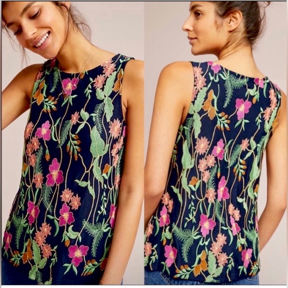 Anthropologie Navy Floral Embroidered Blouse